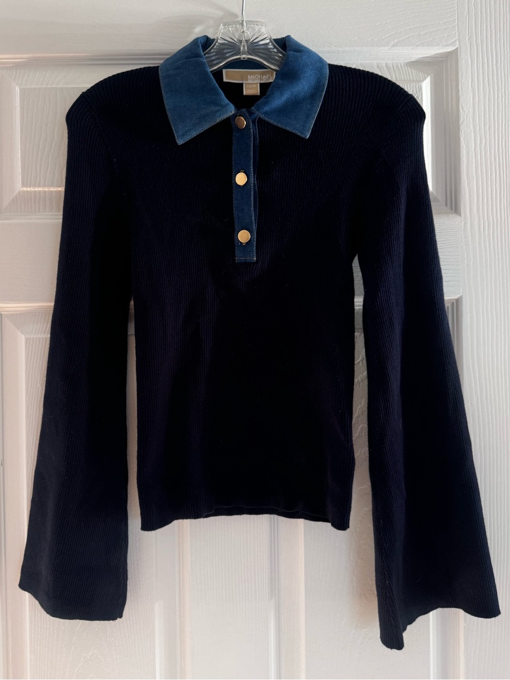 Michael Kors ribbed longsleeve top bell sleeves denim collar gold buttons cotton